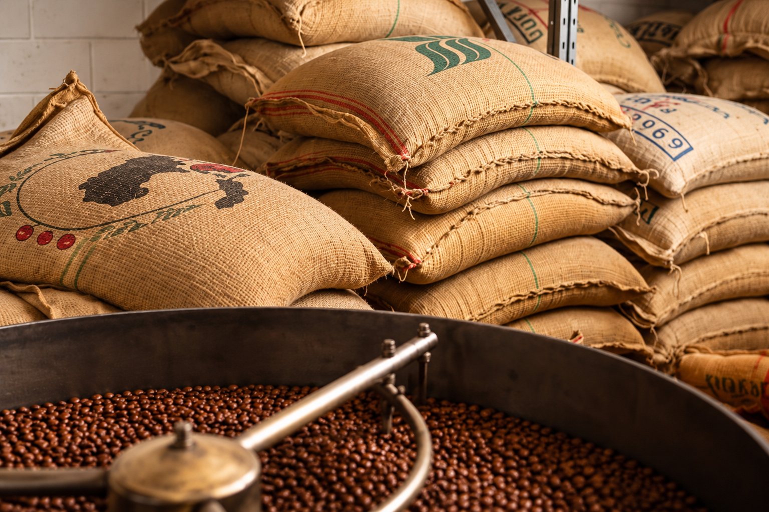 Les sacs de café vert au-dessus du tambour de refroidissement